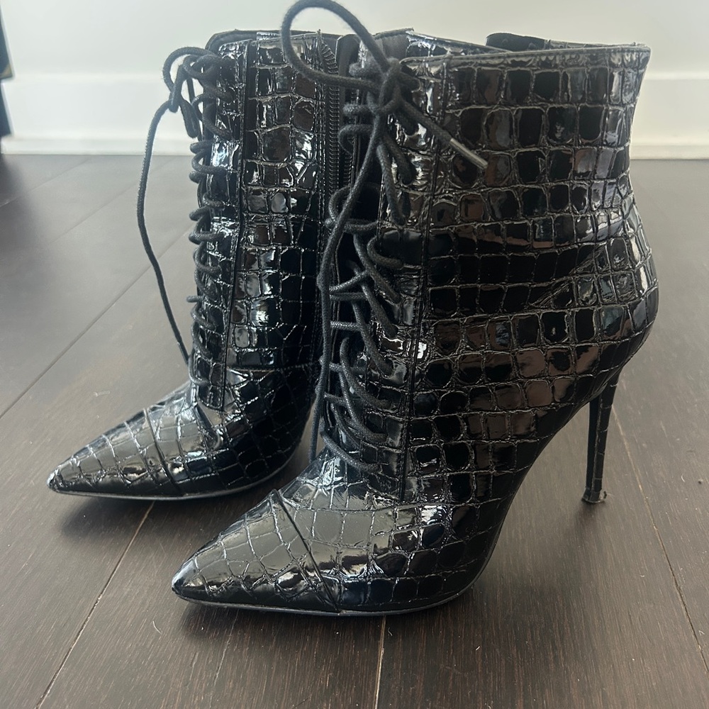 Black Croc-Embossed Lace-Up Stiletto Ankle Boots